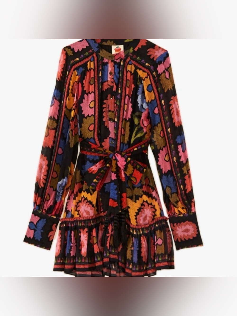 FARM Rio Floral Mini Dress Boho Belted Long Sleeve Black Multicolor Luxury Sz LG